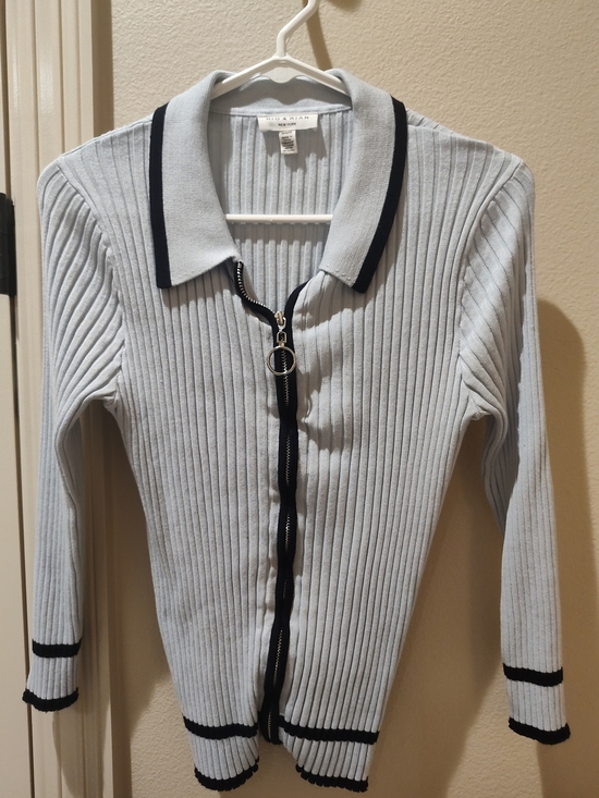 rio & Rian Sweaters - Rio & Rian New YorkCollar Zip Ribbed Sweater - Light Blue with Black Trim Size M